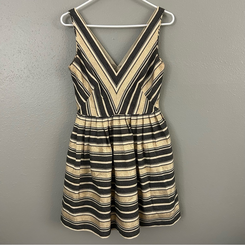 J. Crew Metallic Gold Striped Fit & Flare Mini Dress Size 2 Cocktail Party Glam - Picture 2 of 13